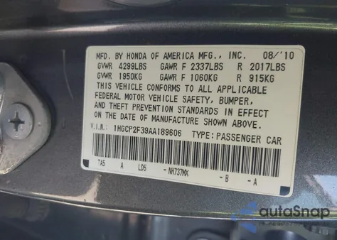 2010 Honda Accord 2.4 Lx from USA, damaged, VIN 1HGCP2F39AA189606